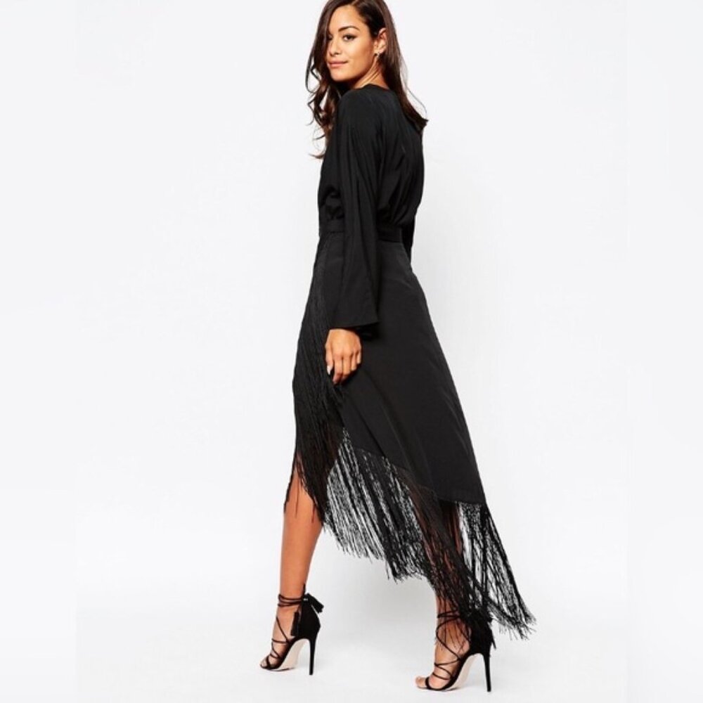 Kimono Plunge Fringe Maxi Dress- Size 12 - Picture 3 of 5